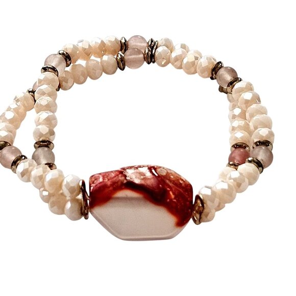 Red Druzy Quartz Stone Faux Pearl Beaded Stretch Bracelet - Picture 1 of 3